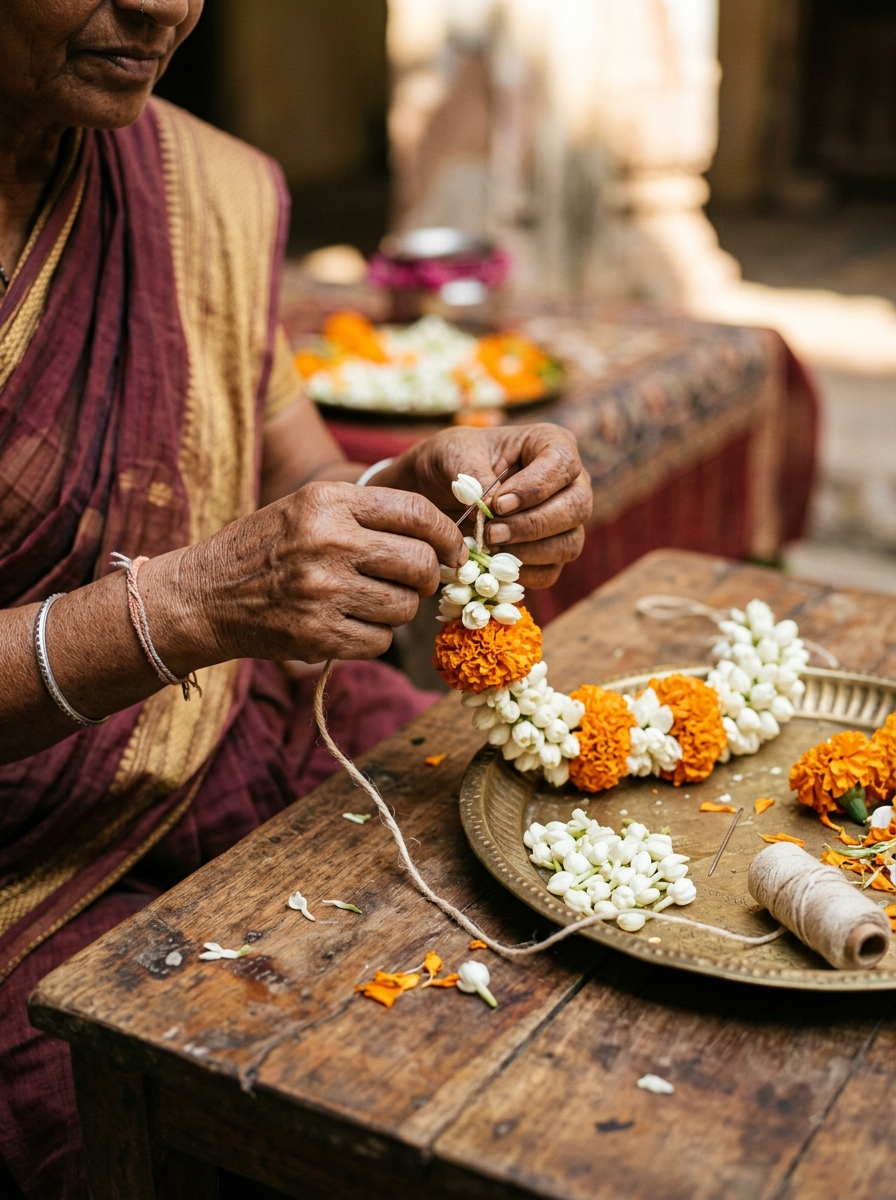 Close up of artisan hands stringing marigold and jasmine garland