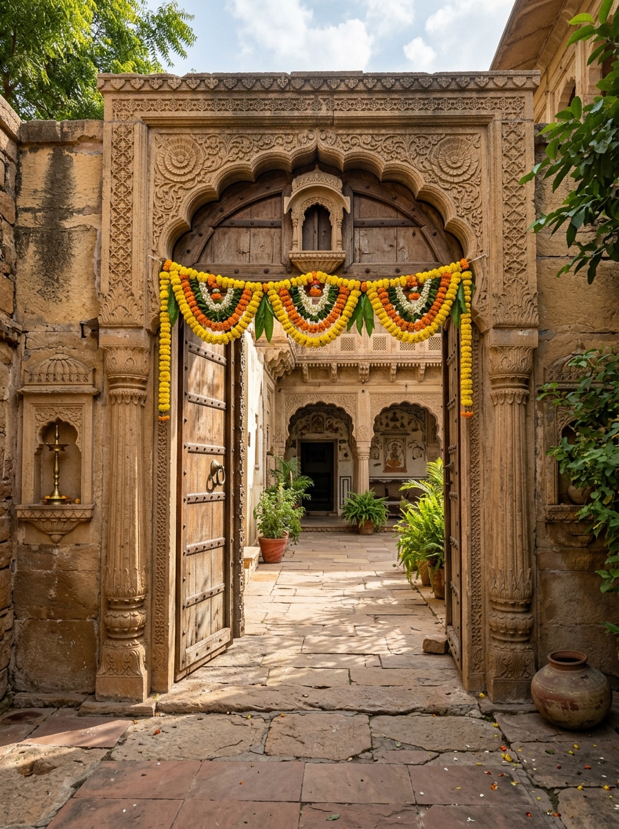 Heritage carved stone doorway with yellow marigold toran