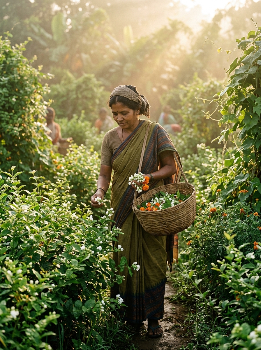 Flower harvester at dawn in misty green field