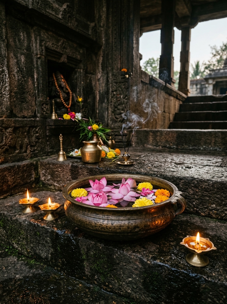Stone temple step with brass urli and glowing diyas