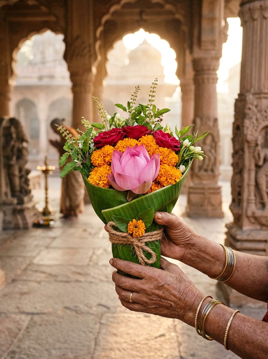 Hands holding consecrated pink lotus and marigold bouquet wrapped in banana leaf
