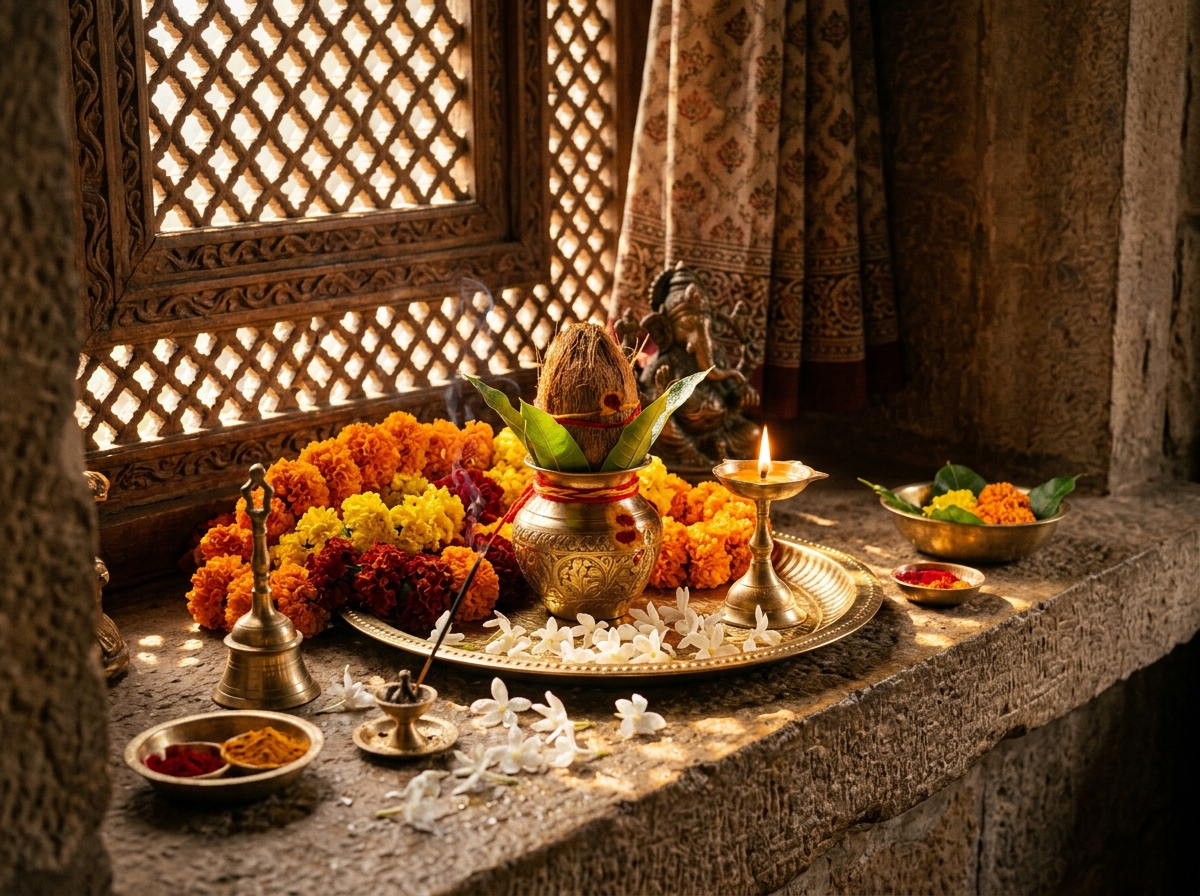 Sacred morning altar with consecrated marigolds, kalash, and brass diya