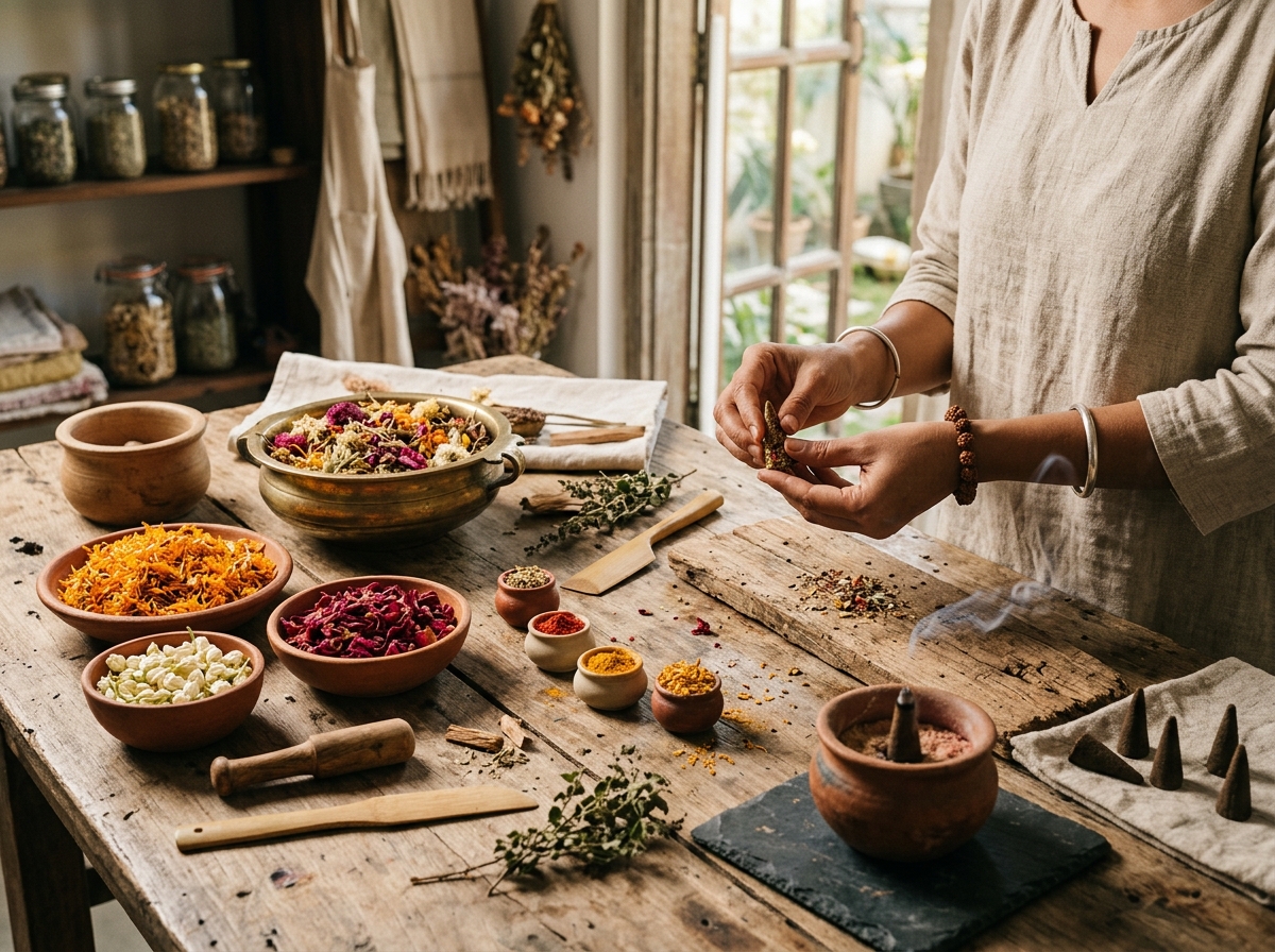 Artisan hand-crafting organic temple dhoop cones and natural incense from collected Nirmalya flowers