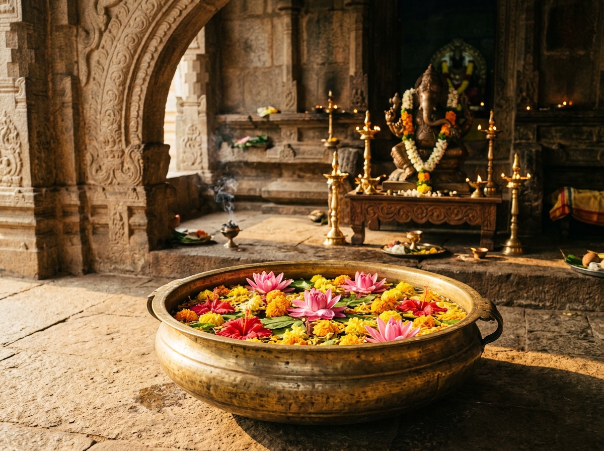 Festive Urli with floating lotus blossoms and brass diyas