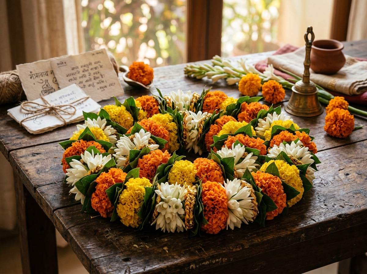 Hand-woven marigold and tuberose varmala garland