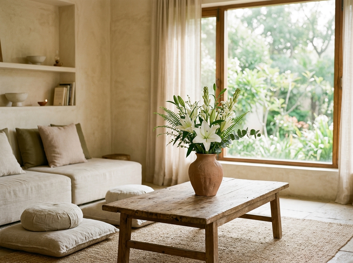 Minimalist terracotta vase with white lilies in serene living room